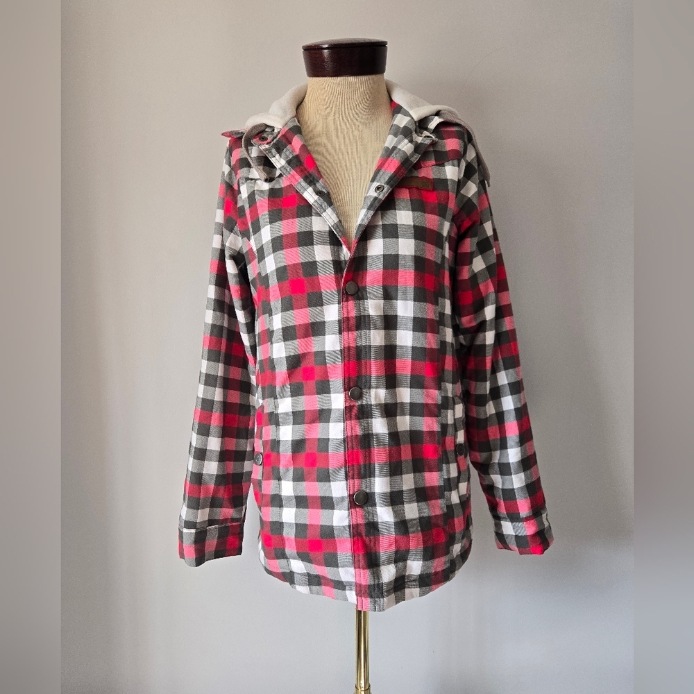 DC Pink, White And Grey Plaid Lightweight Hooded Jacket. Size Small